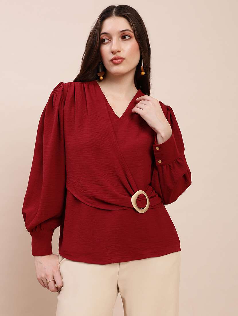 women solid overlap neck puff sleeve regular top