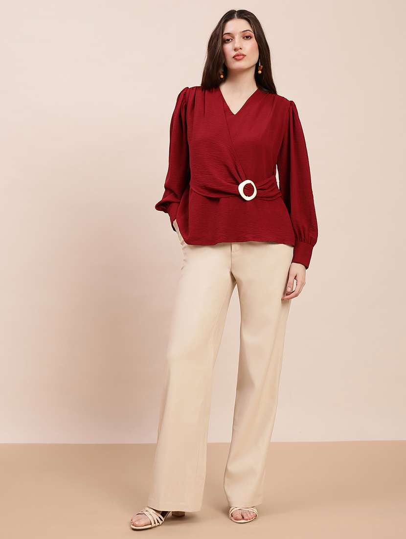 women solid overlap neck puff sleeve regular top - 22263535 -  Standard Image - 3