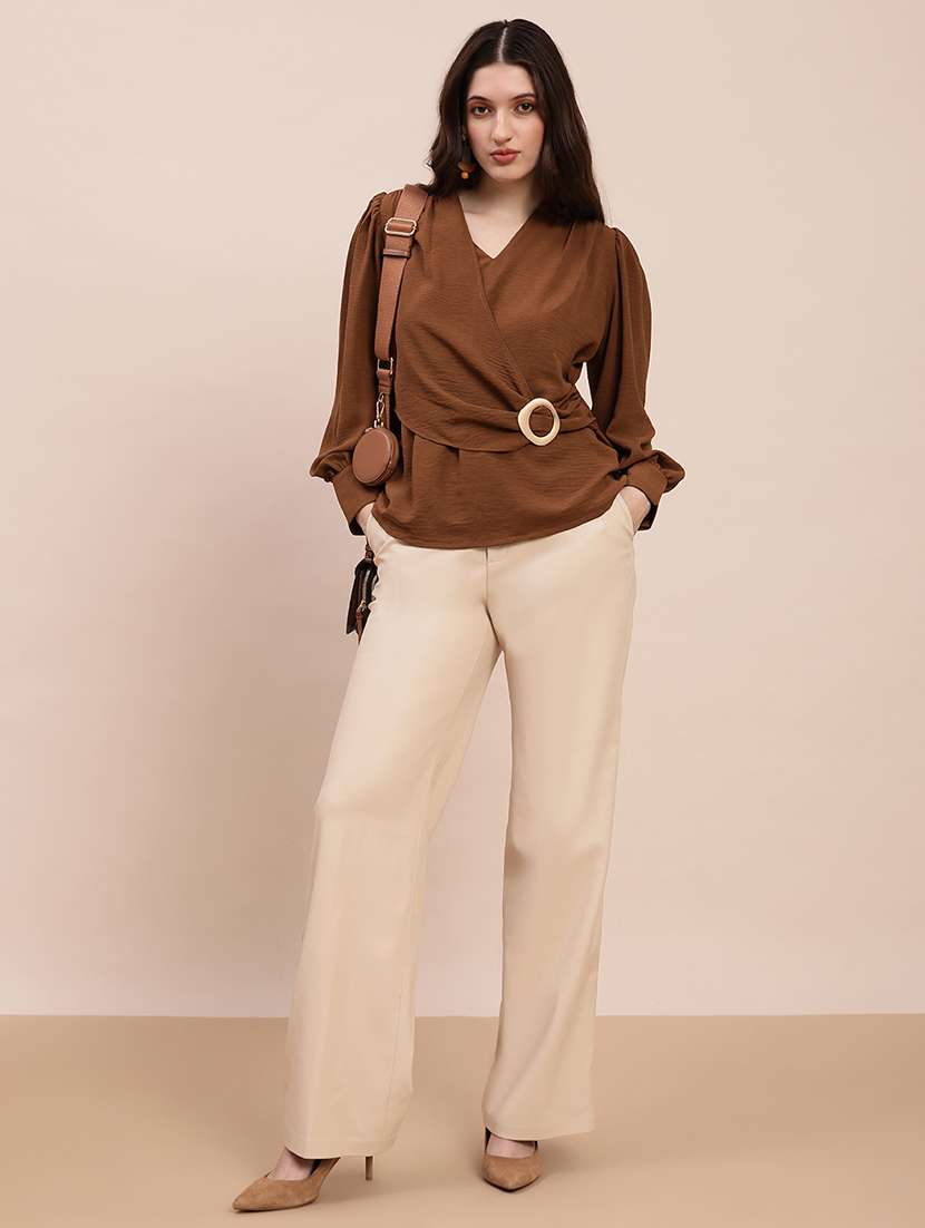 globus women brown v-neck cuff sleeves self design buckle detail workwear top - 22263536 -  Standard Image - 3