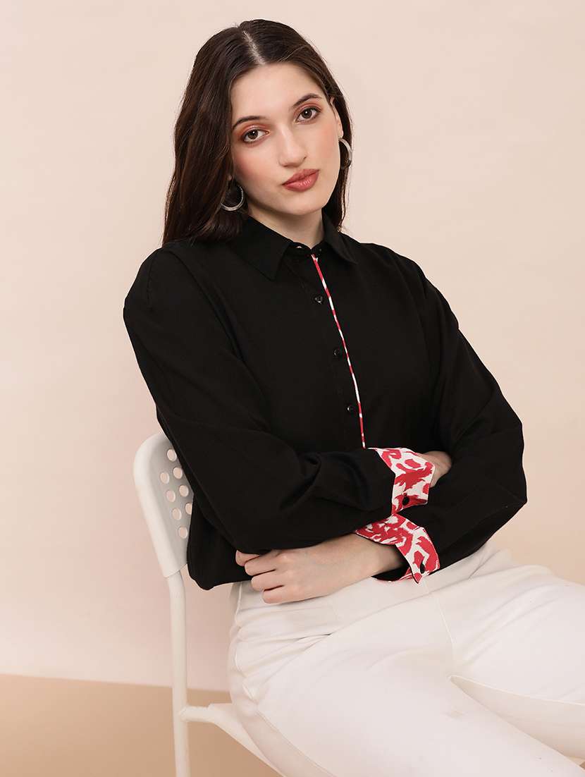 women solid collared long sleeve shirt