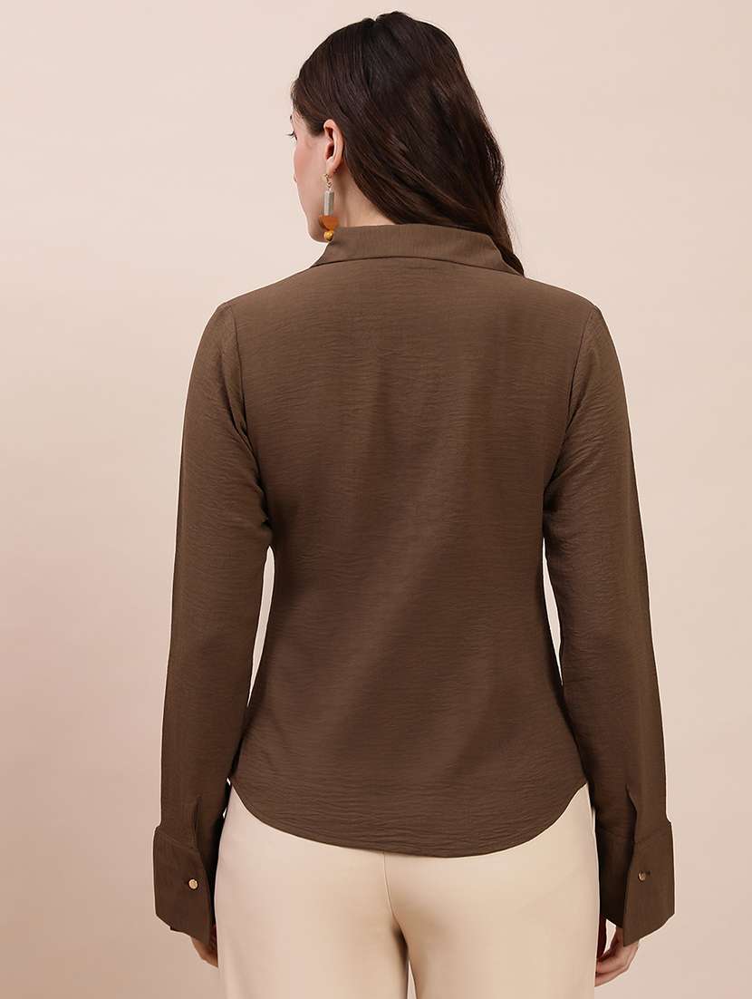 women solid collared long sleeve shirt - 22263544 -  Standard Image - 3