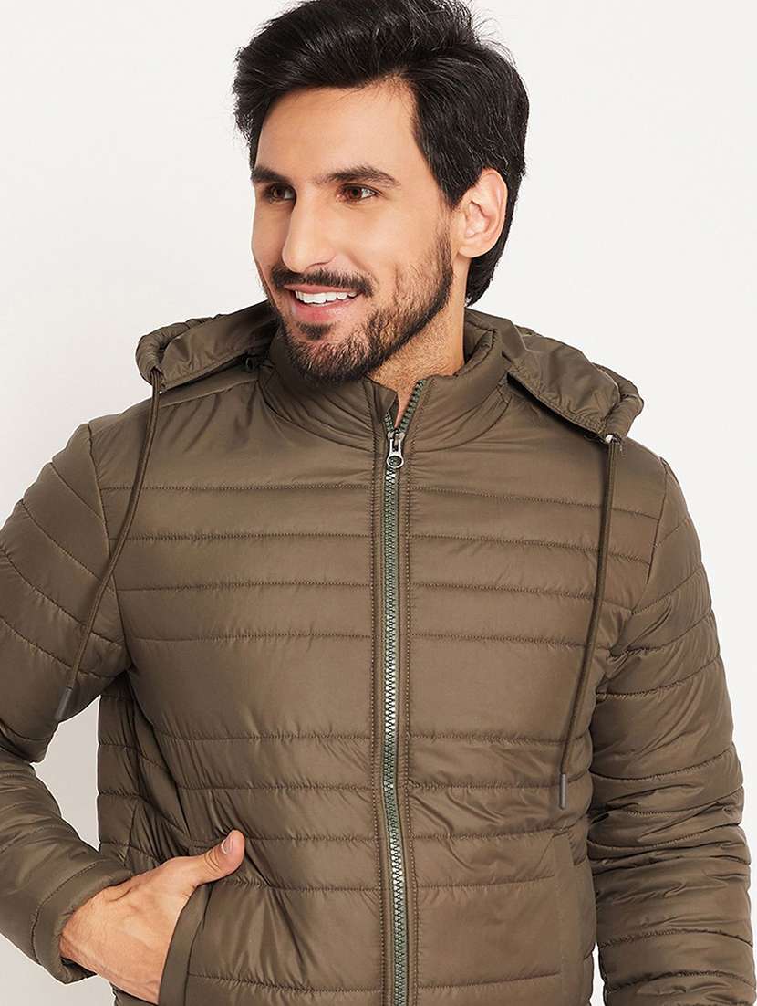 men solid long sleeve hooded puffer jacket