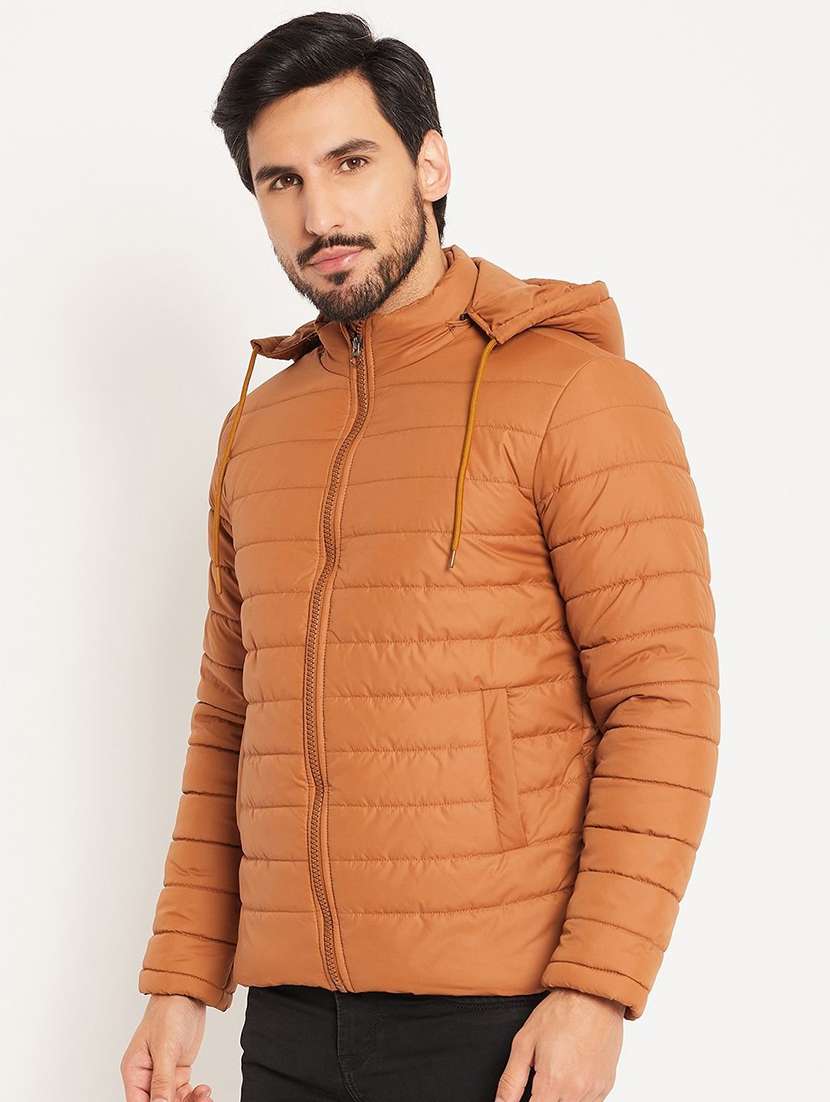 men solid long sleeve hooded puffer jacket