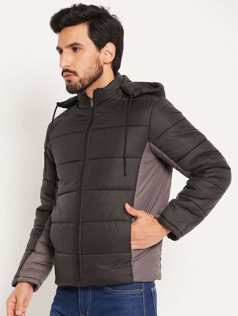 men color blocked long sleeve hooded puffer jacket