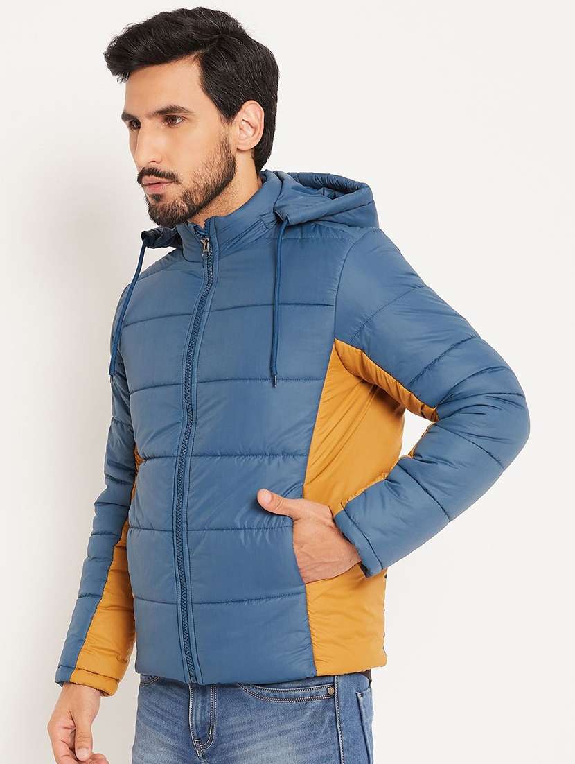 men color blocked long sleeve hooded puffer jacket