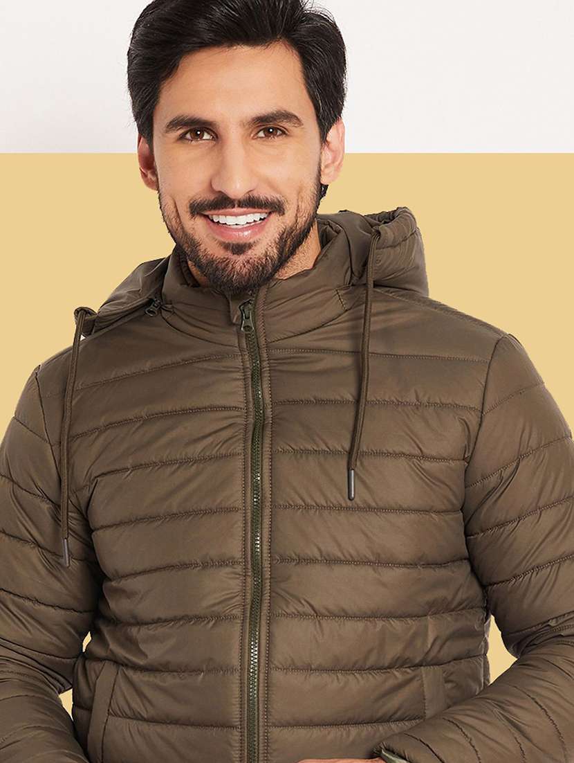 men solid long sleeve hooded puffer jacket