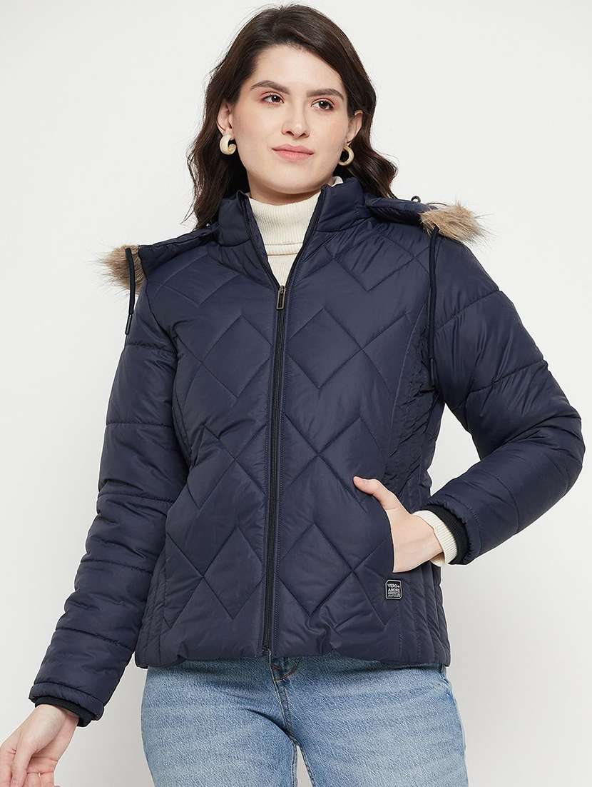 women solid long sleeve hooded quilted jacket