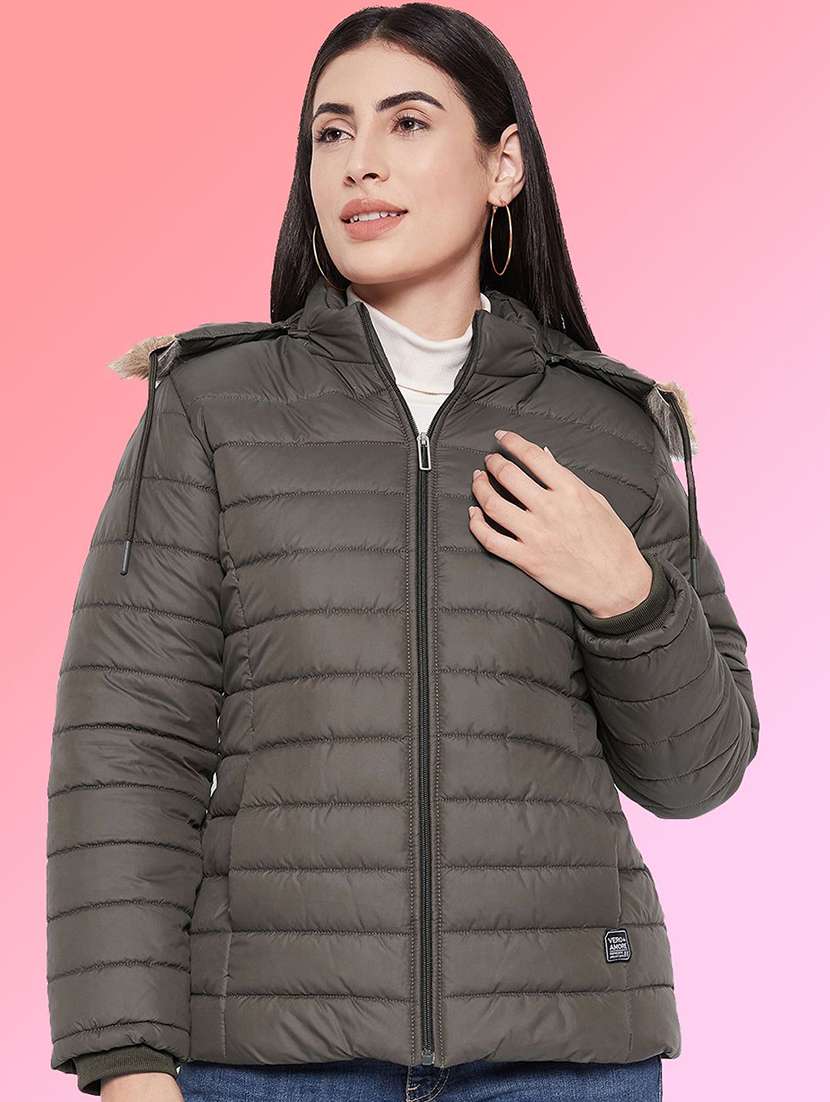 women solid long sleeve hooded quilted jacket
