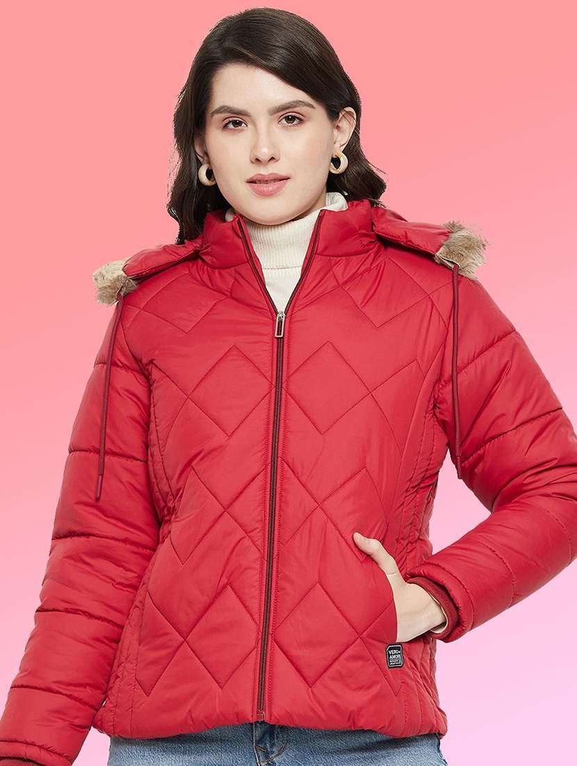 women solid long sleeve hooded quilted jacket