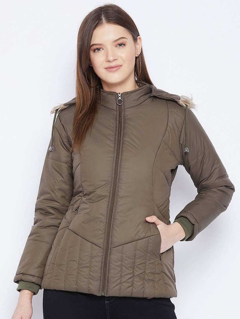 women solid long sleeve hooded quilted jacket