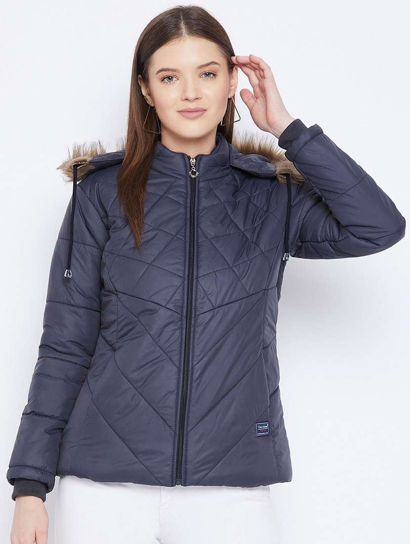 women solid long sleeve hooded quilted jacket