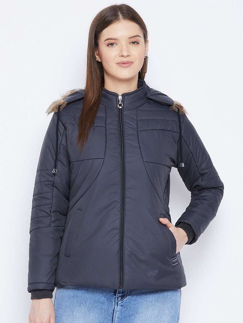 women solid long sleeve hooded quilted jacket