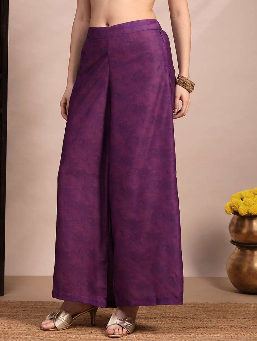 globus women purple ethnic print v-neck gathered detail tunic & mid rise wide leg trouser fusion co-ord set - 22263859 -  Standard Image - 3