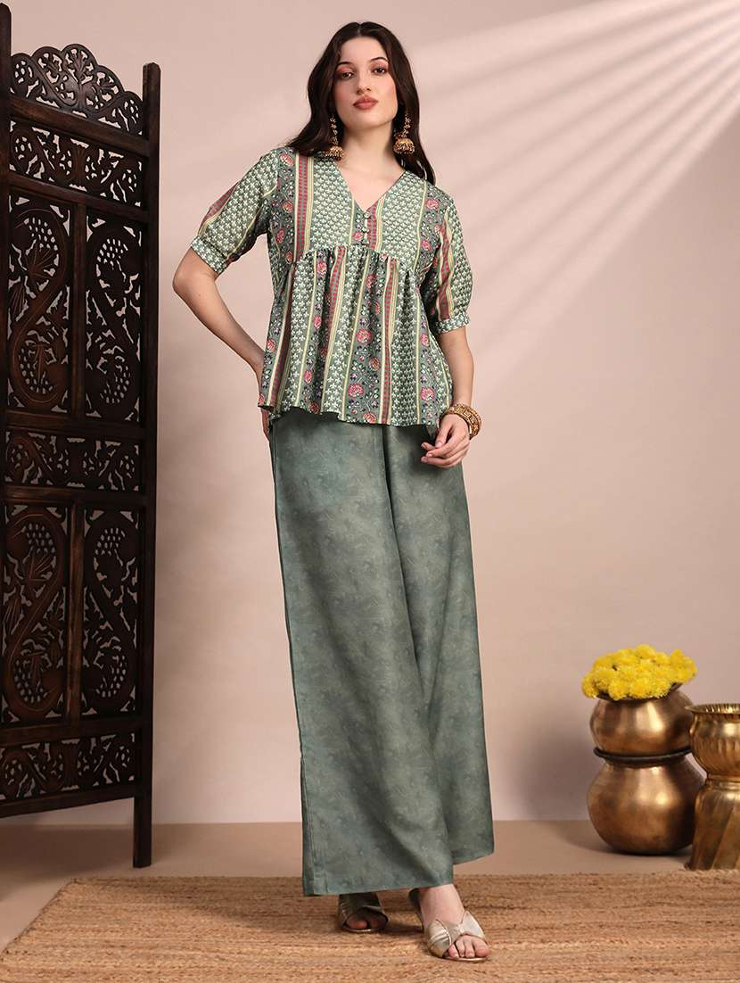 globus women green ethnic print v-neck gathered detail tunic & mid rise wide leg trouser fusion co-ord set