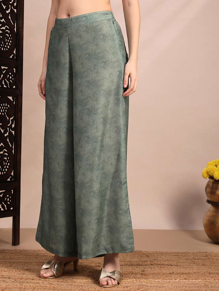 globus women green ethnic print v-neck gathered detail tunic & mid rise wide leg trouser fusion co-ord set - 22263860 -  Standard Image - 3