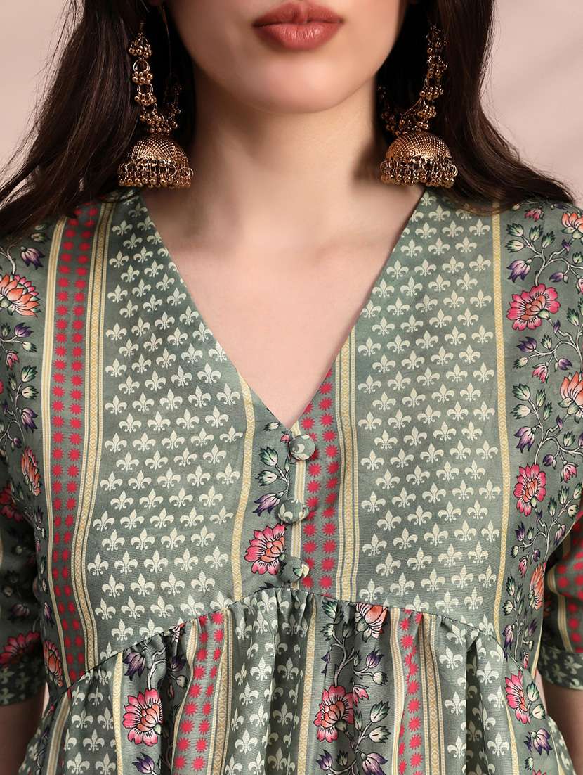 globus women green ethnic print v-neck gathered detail tunic & mid rise wide leg trouser fusion co-ord set - 22263860 -  Standard Image - 5