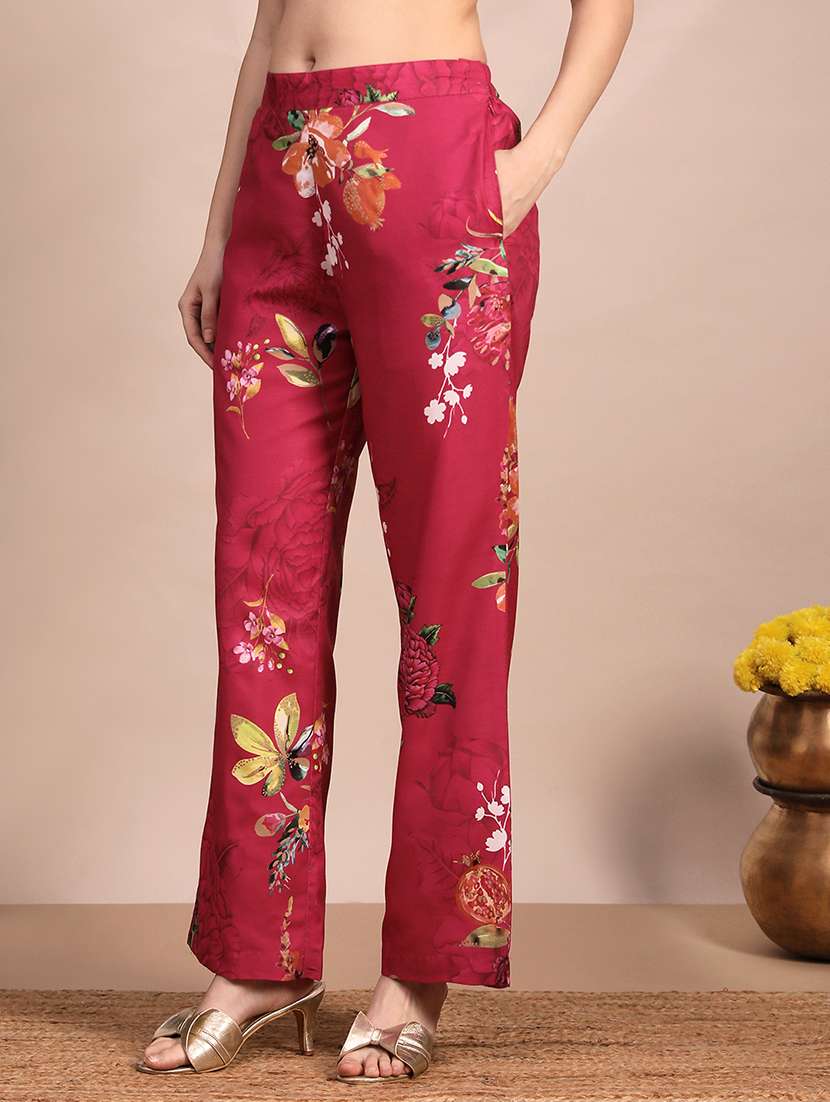 globus women pink allover floral collared neck cuff sleeves shirt & mid rise trouser fusion co-ord set - 22263861 -  Standard Image - 3