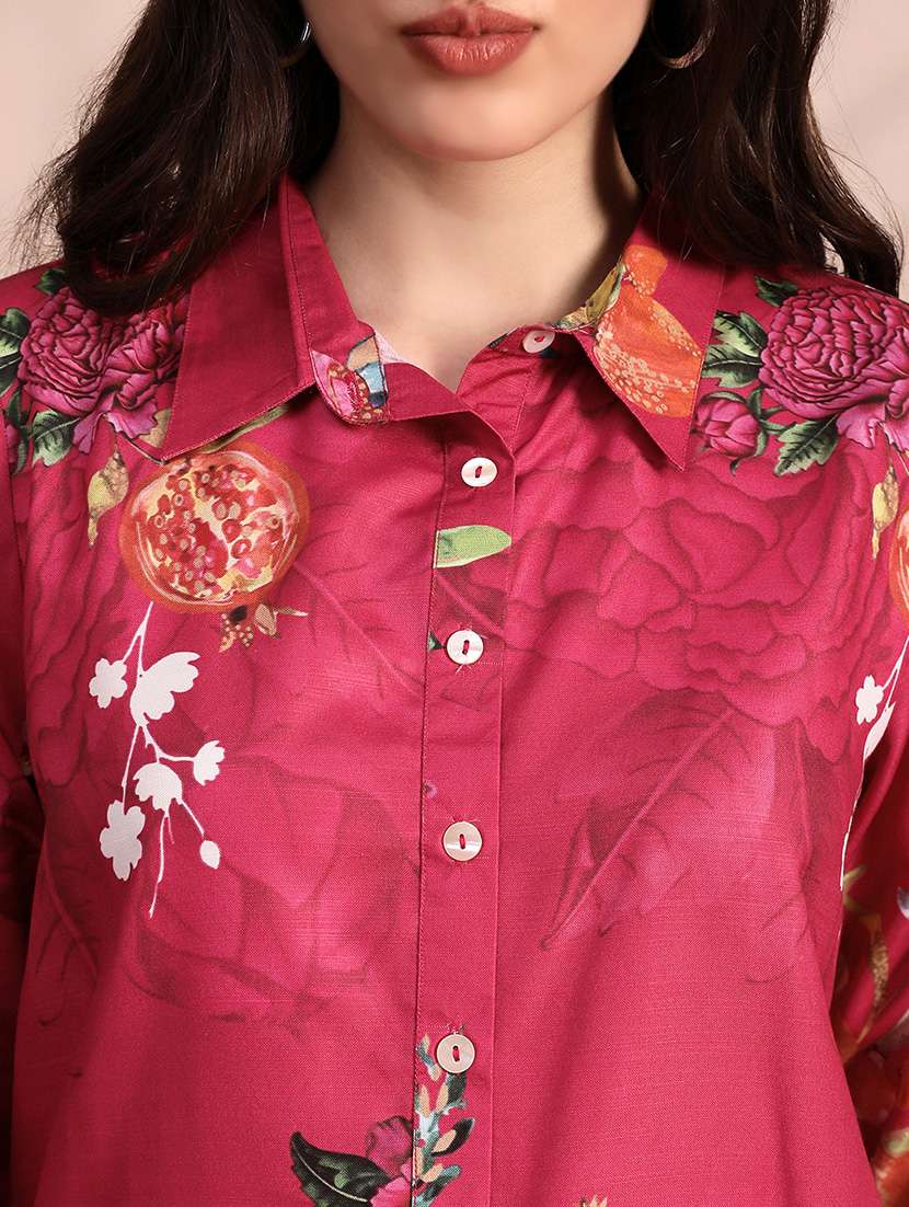 globus women pink allover floral collared neck cuff sleeves shirt & mid rise trouser fusion co-ord set - 22263861 -  Standard Image - 5