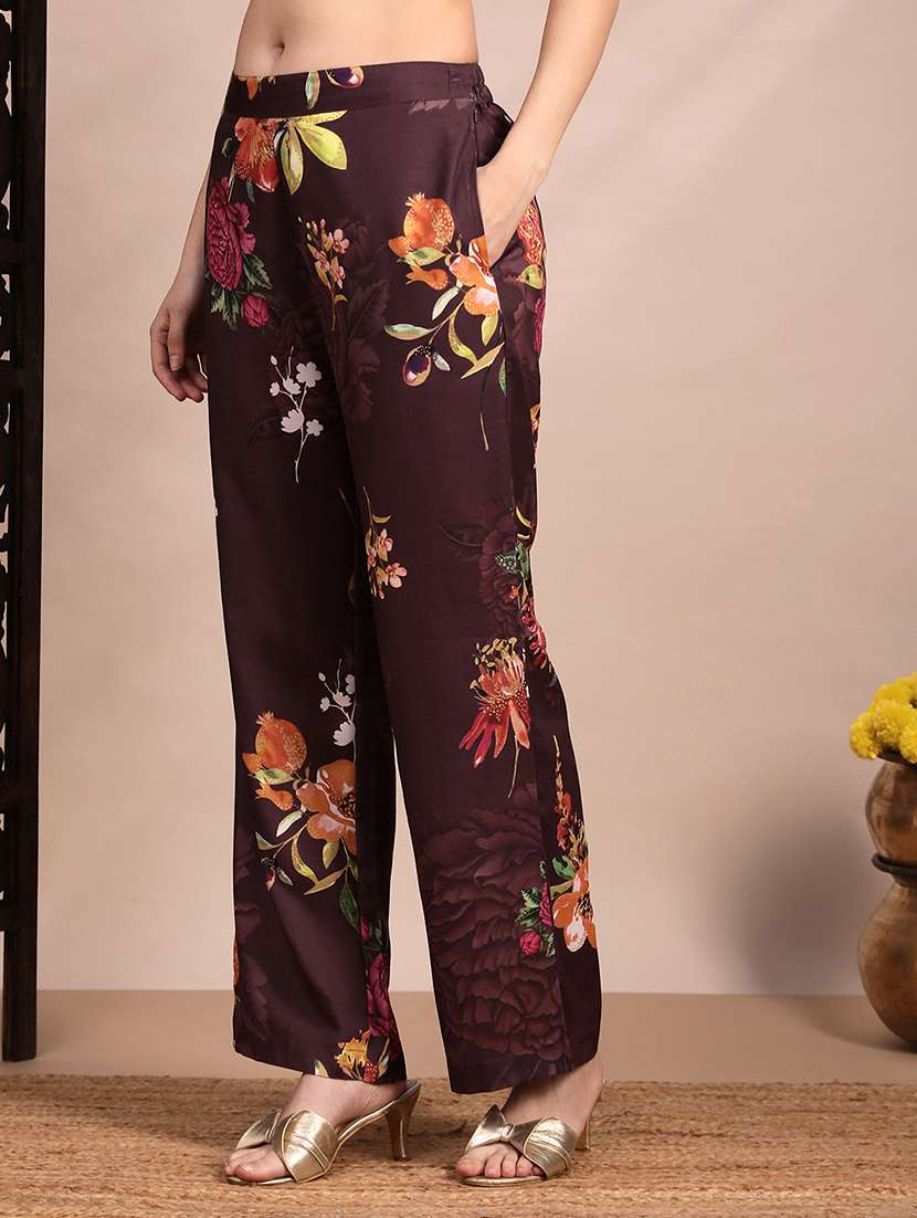 globus women brown allover floral collared neck cuff sleeves shirt & mid rise trouser fusion co-ord set - 22263862 -  Standard Image - 3