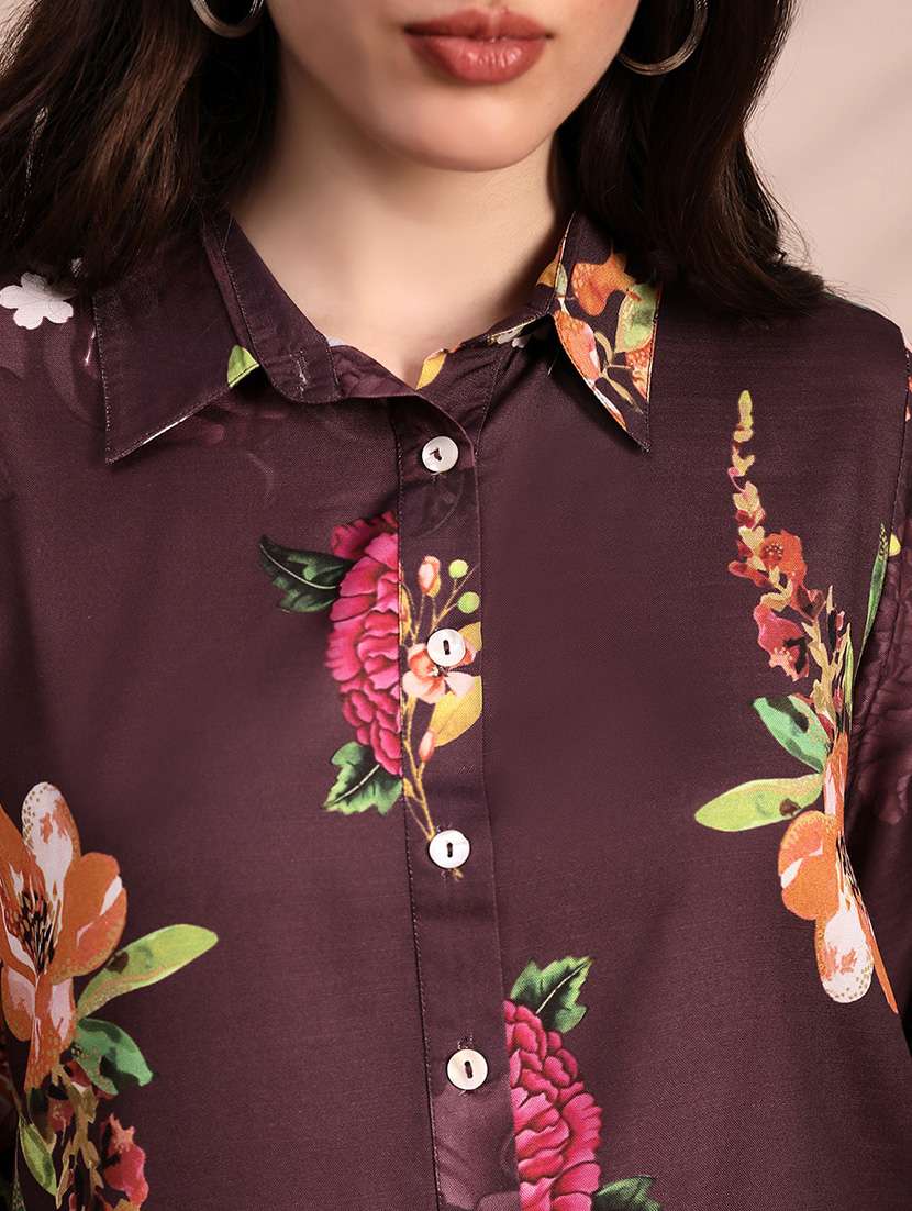 globus women brown allover floral collared neck cuff sleeves shirt & mid rise trouser fusion co-ord set - 22263862 -  Standard Image - 5