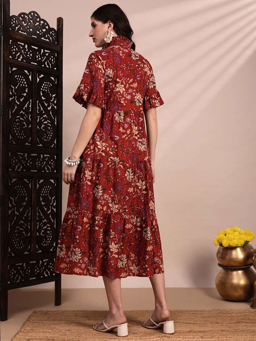 globus women red high neck flounce hem sleeves floral print tiered midi a-line fusion dress - 22263866 -  Standard Image - 3