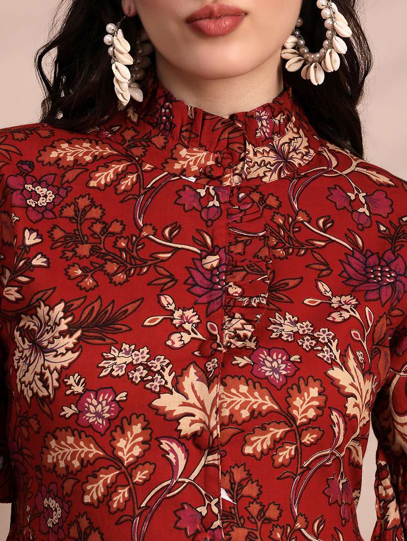 globus women red high neck flounce hem sleeves floral print tiered midi a-line fusion dress - 22263866 -  Standard Image - 5