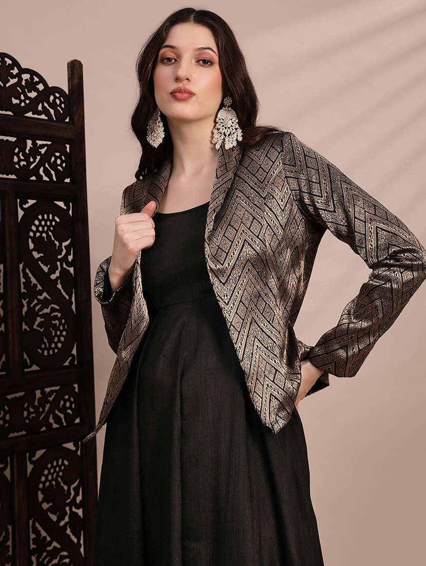 globus women black panelled fit & flare midi dress with shawl lapel self design festive brocade blazer - 22263867 -  Standard Image - 3