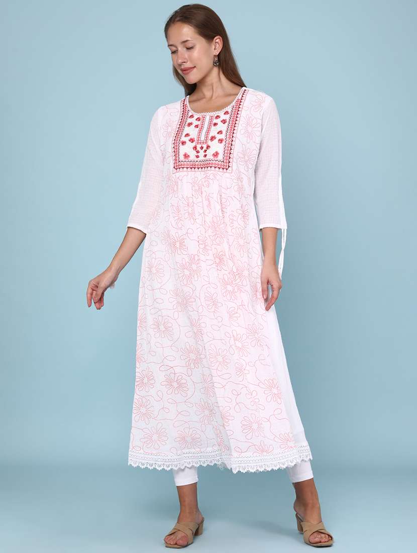 women floral three quarter sleeve flared kurta