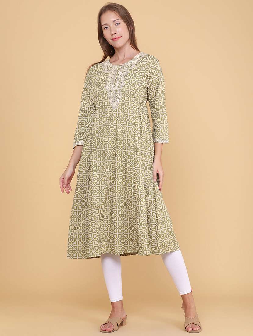 women printed three quarter sleeves a-line kurta - 22264124 -  Standard Image - 3