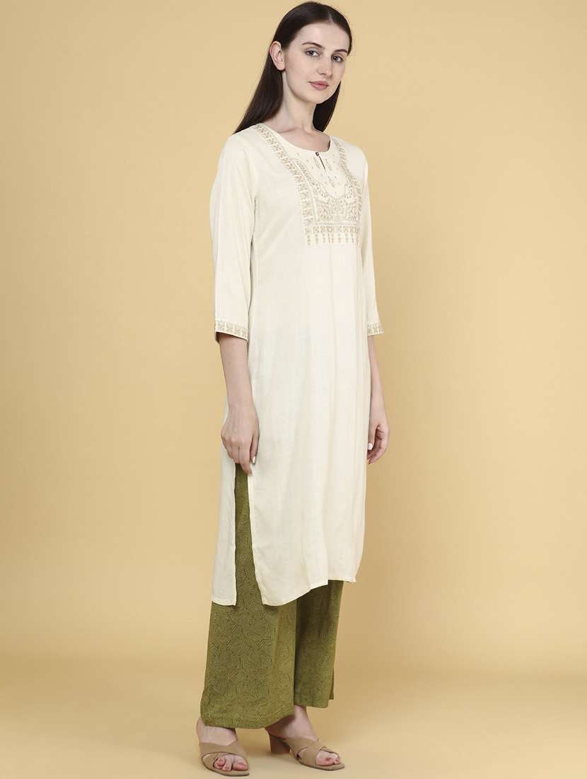 women solid with work three quarter sleeve kurta - 22264128 -  Standard Image - 3