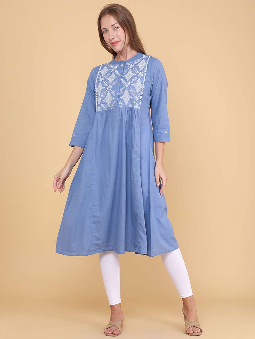 women embroidered three quarter sleeves a-line kurta
