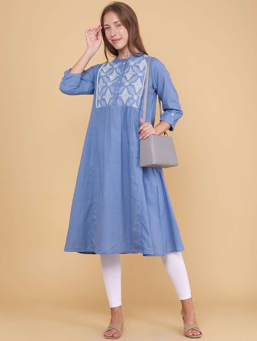 women embroidered three quarter sleeves a-line kurta - 22264133 -  Standard Image - 3