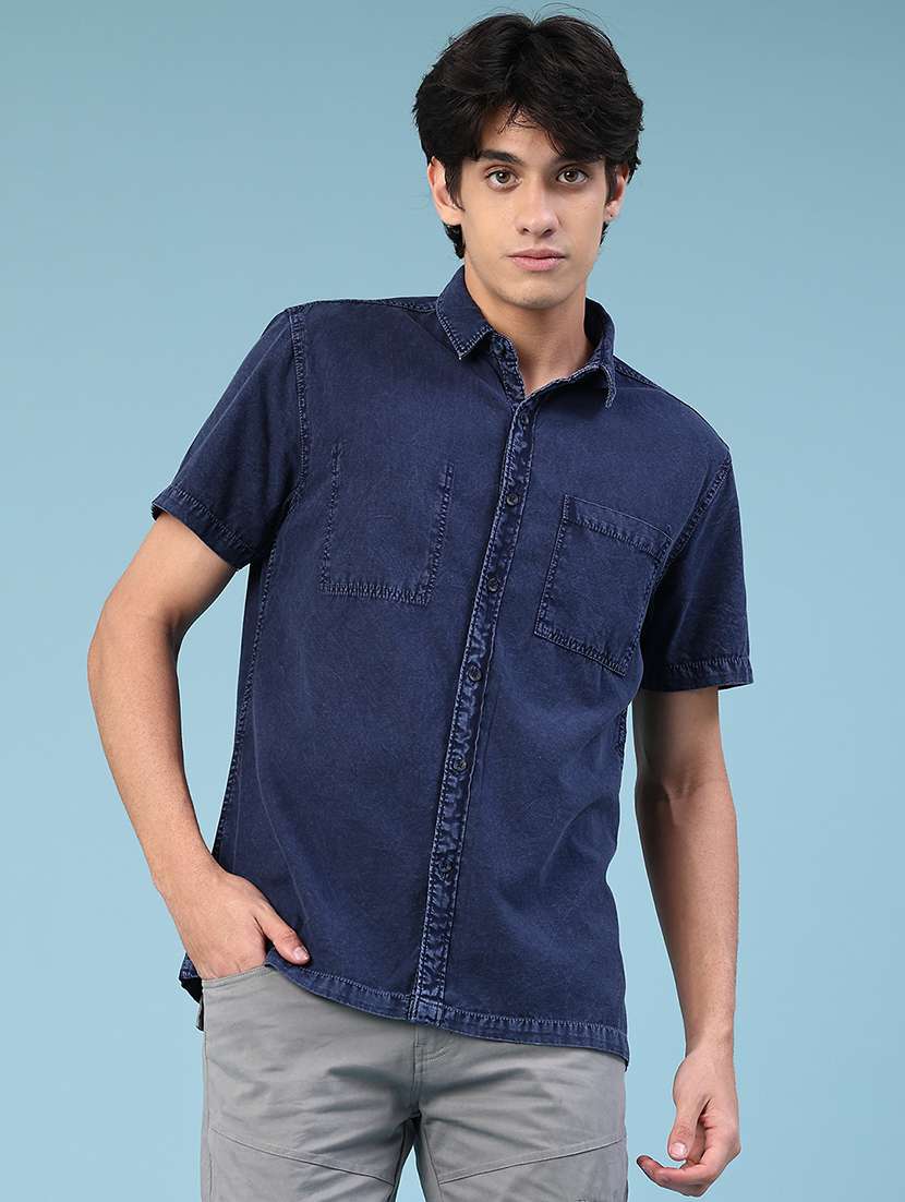 men blue cotton casual shirt