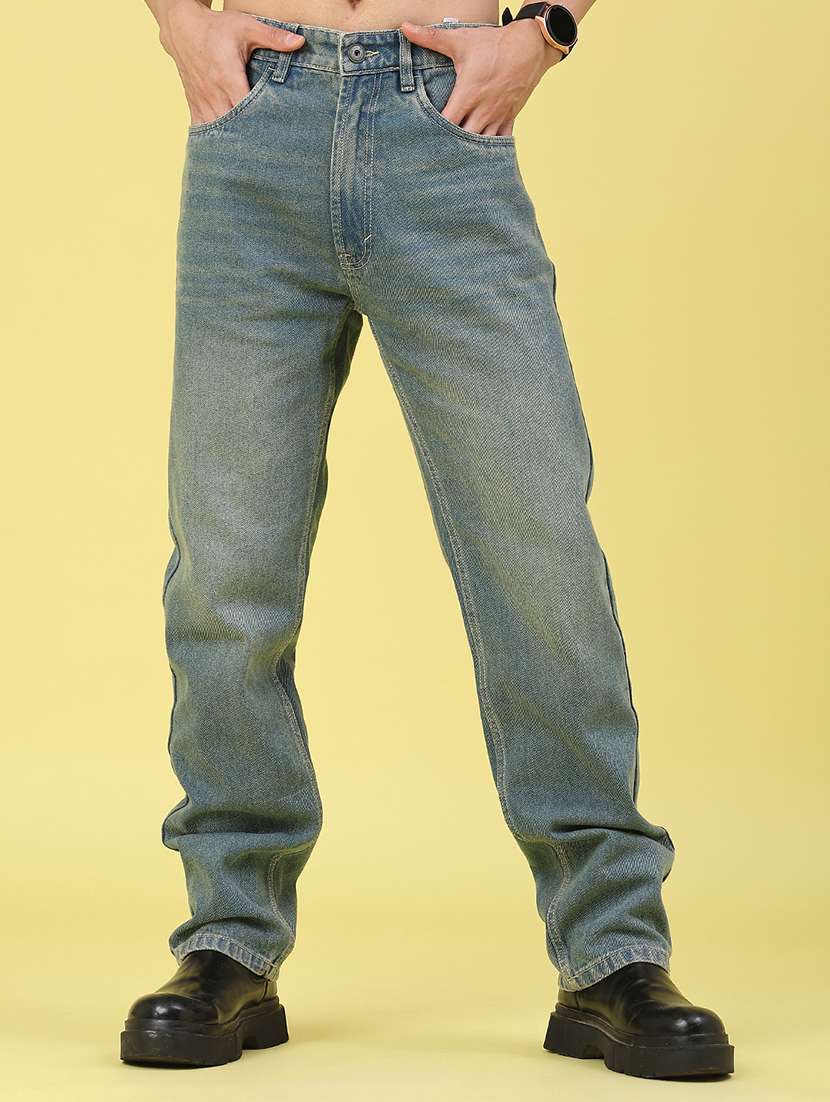 men washed mid rise full length straight jeans
