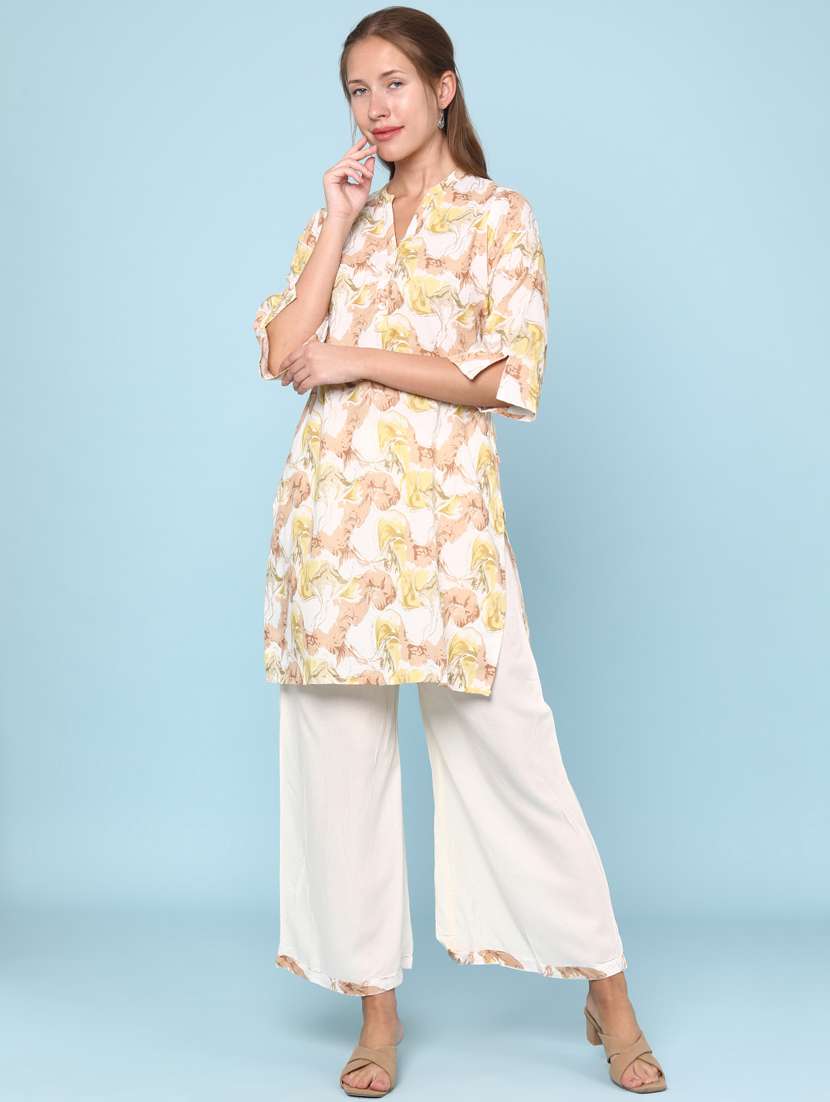 women printed three quarter sleeve kurta palazzo set