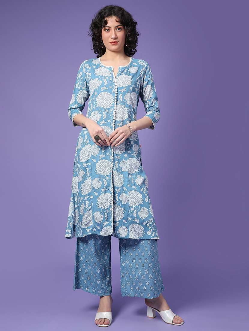 Women Floral Printed Three Quarter Sleeve Kurta Palazzo Set - 22264201 -  Standard Image - 3