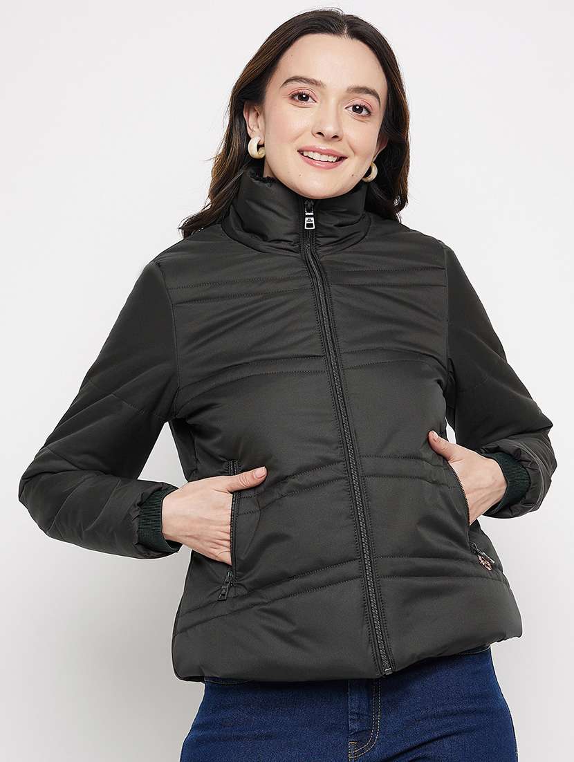 women solid long sleeve quilted jacket
