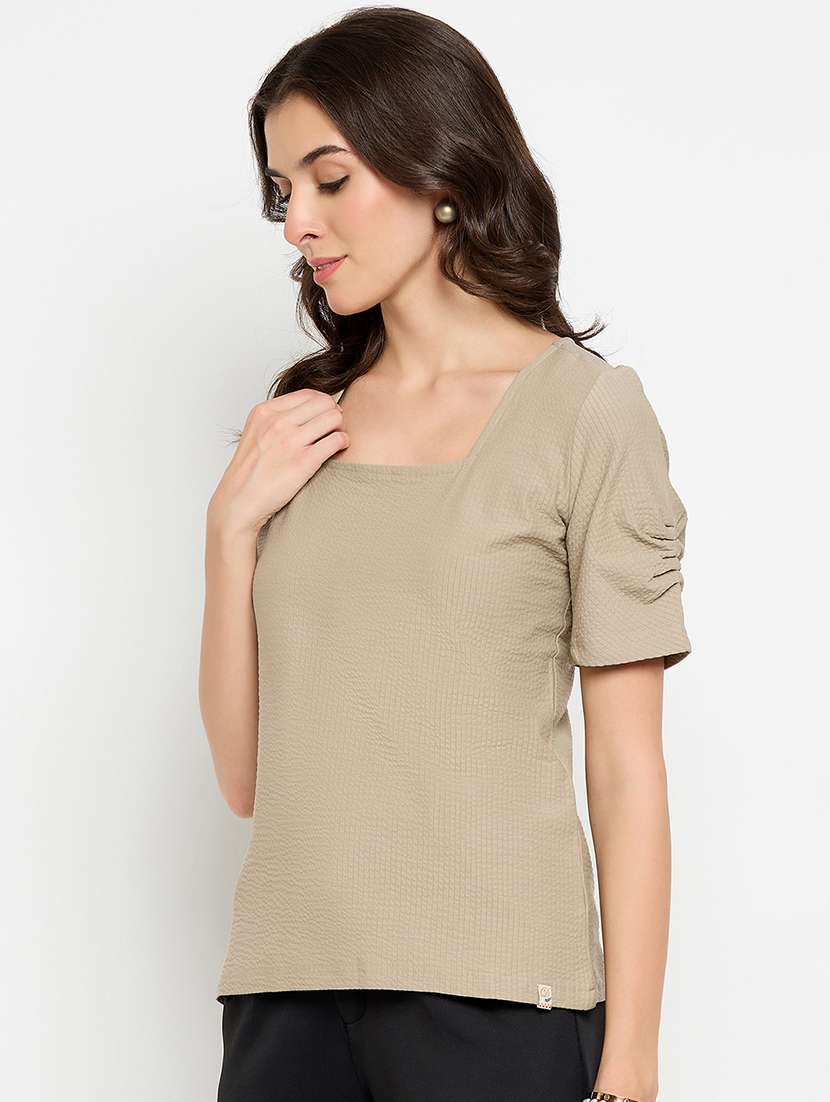 women solid puff sleeve regular top