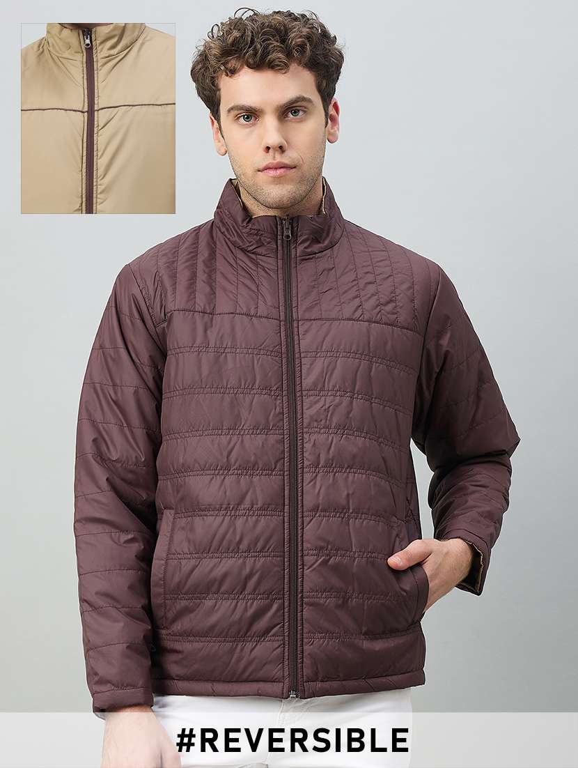 men solid long sleeve reversible puffer jacket