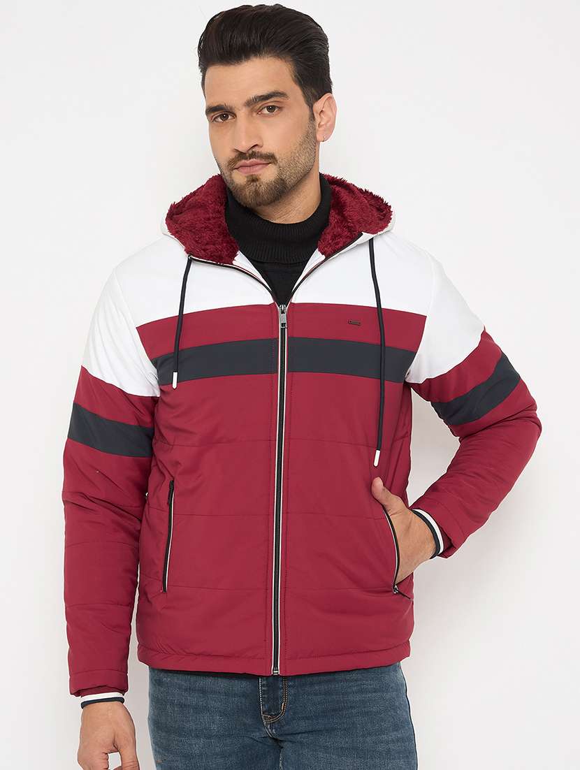 men color blocked hooded long sleeve puffer jacket