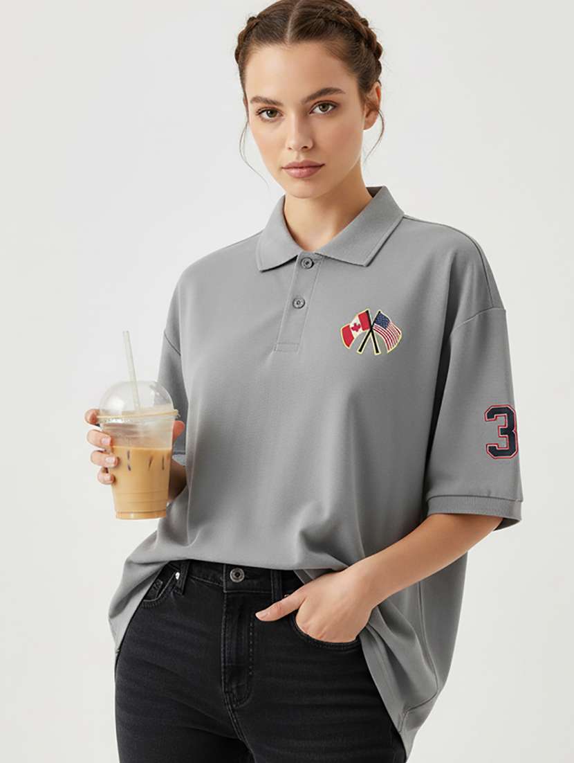 women printed short sleeve oversized polo t-shirt