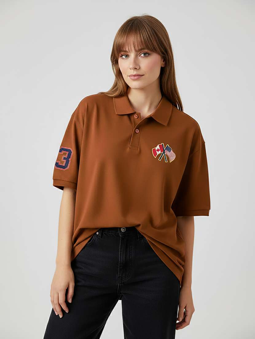 women printed short sleeve oversized polo t-shirt