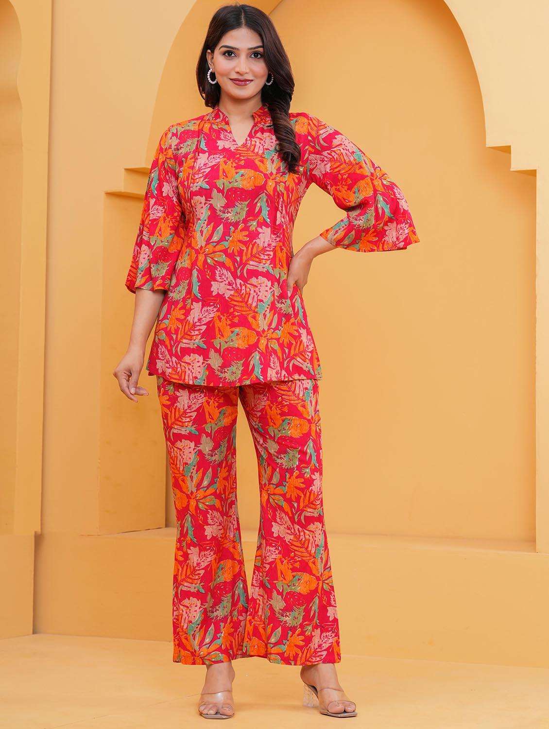 women printed three quarter sleeve ethnic co-ord set
