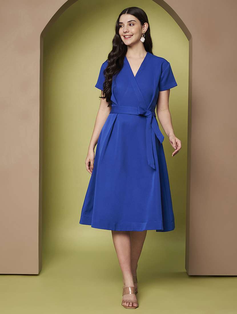 women solid short sleeve wrap dress
