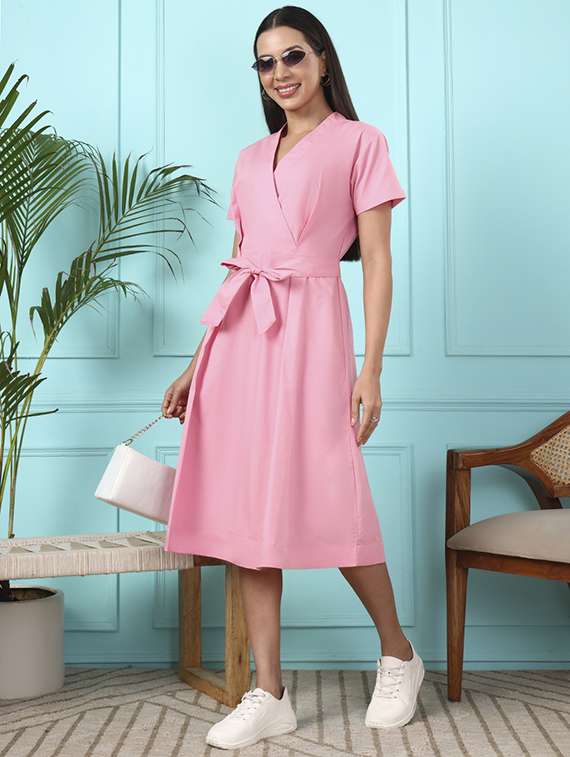 women solid overlap neck a-line dress