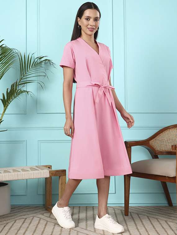 women solid overlap neck a-line dress - 22265126 -  Standard Image - 3