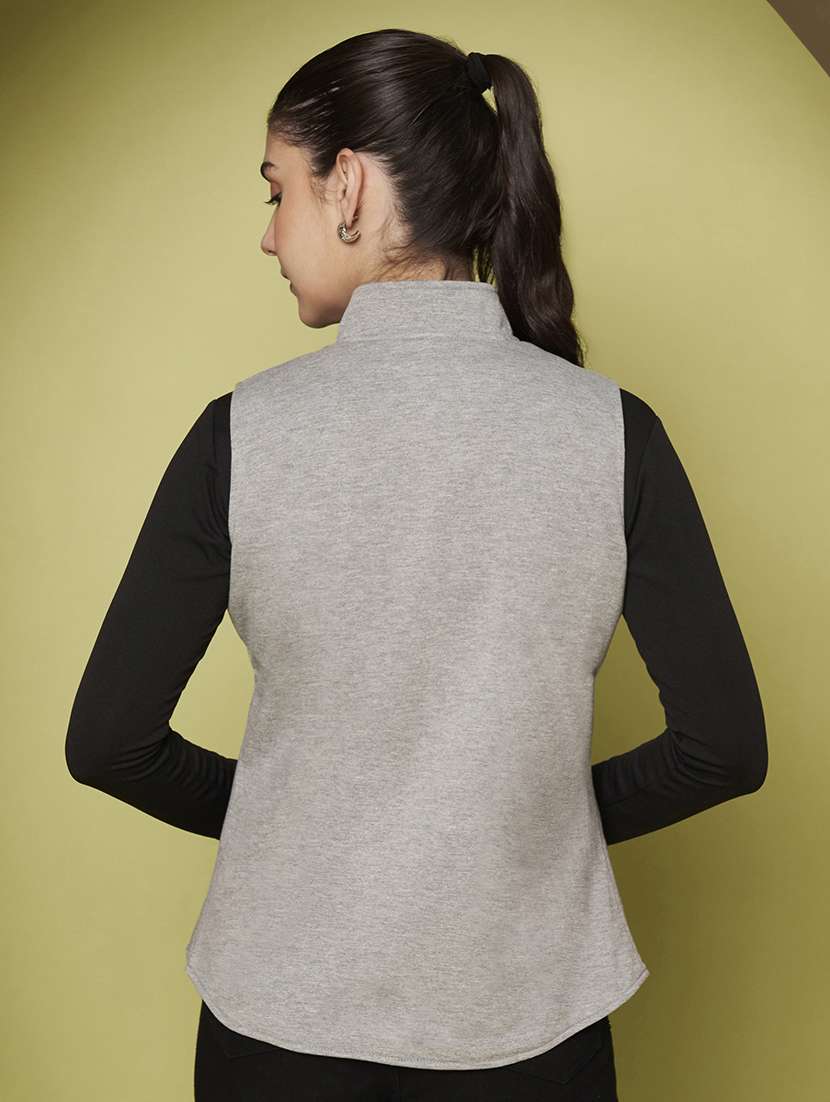 women solid sleeveless stand collar waist coat - 22265131 -  Standard Image - 3