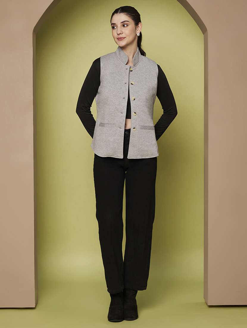 women solid sleeveless stand collar waist coat - 22265131 -  Standard Image - 5