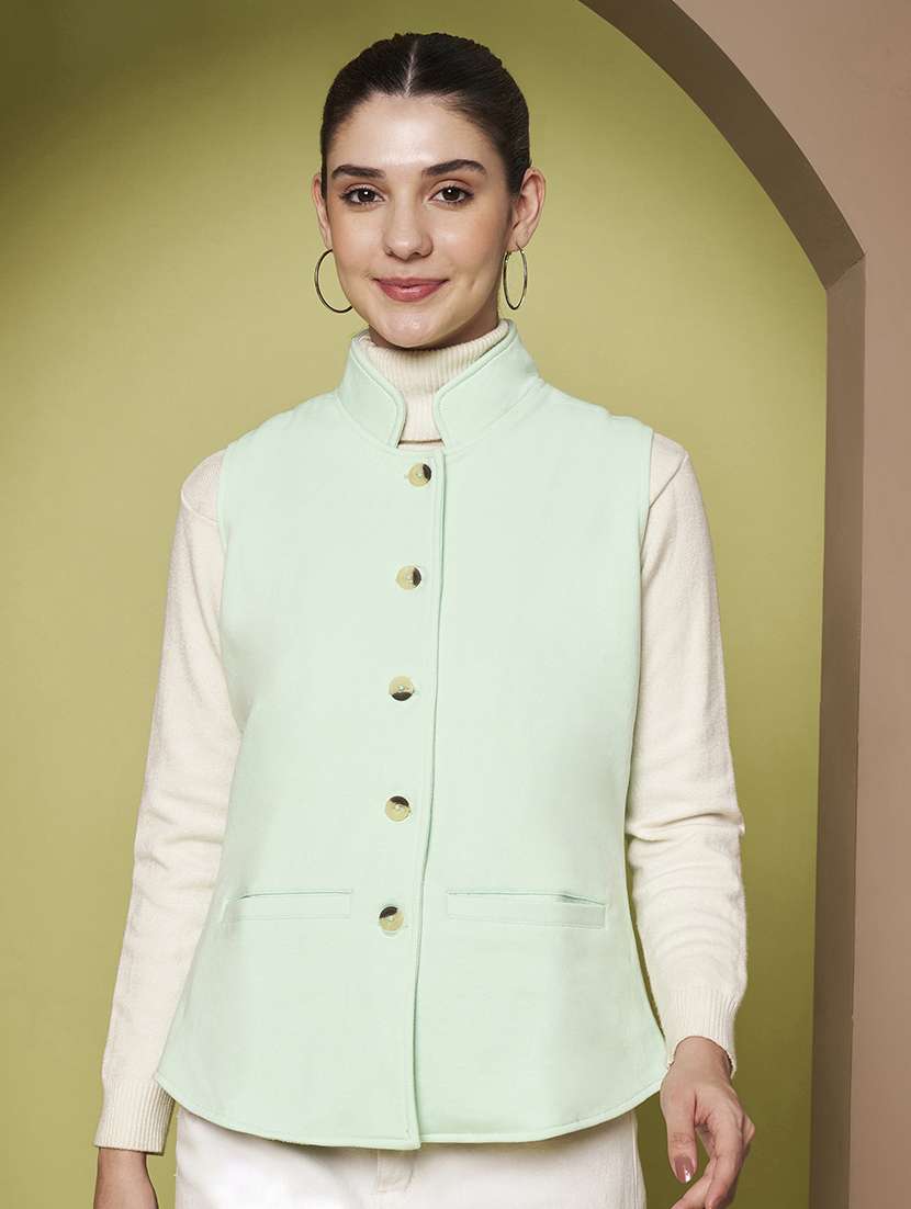 women solid sleeveless stand collar waist coat