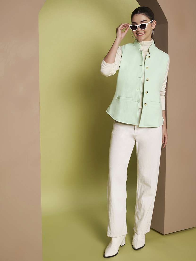 women solid sleeveless stand collar waist coat - 22265132 -  Standard Image - 5